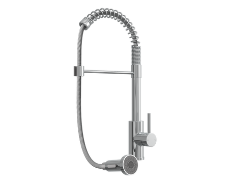 Chrome pull-out spray kitchen mixer tap with flexible hose and round spray head