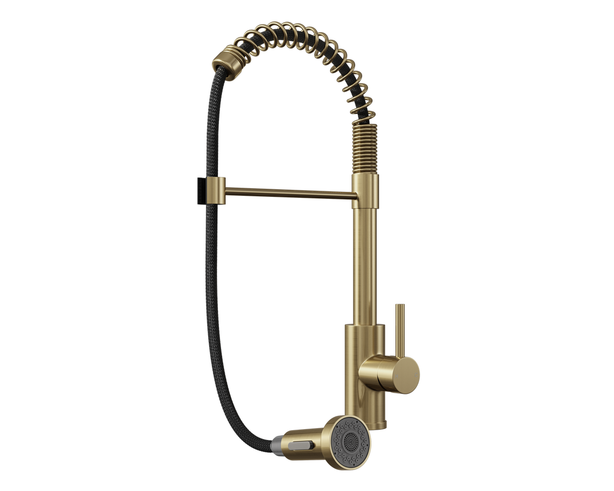 Brass kitchen mixer tap with pull-out spray hose and 360° swivel spout