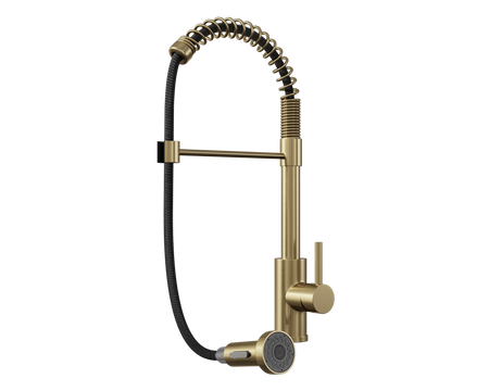 Brass kitchen mixer tap with pull-out spray hose and 360° swivel spout