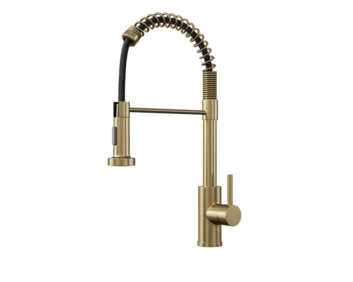 Brass kitchen mixer tap with pull-out spray hose and 360° swivel spout