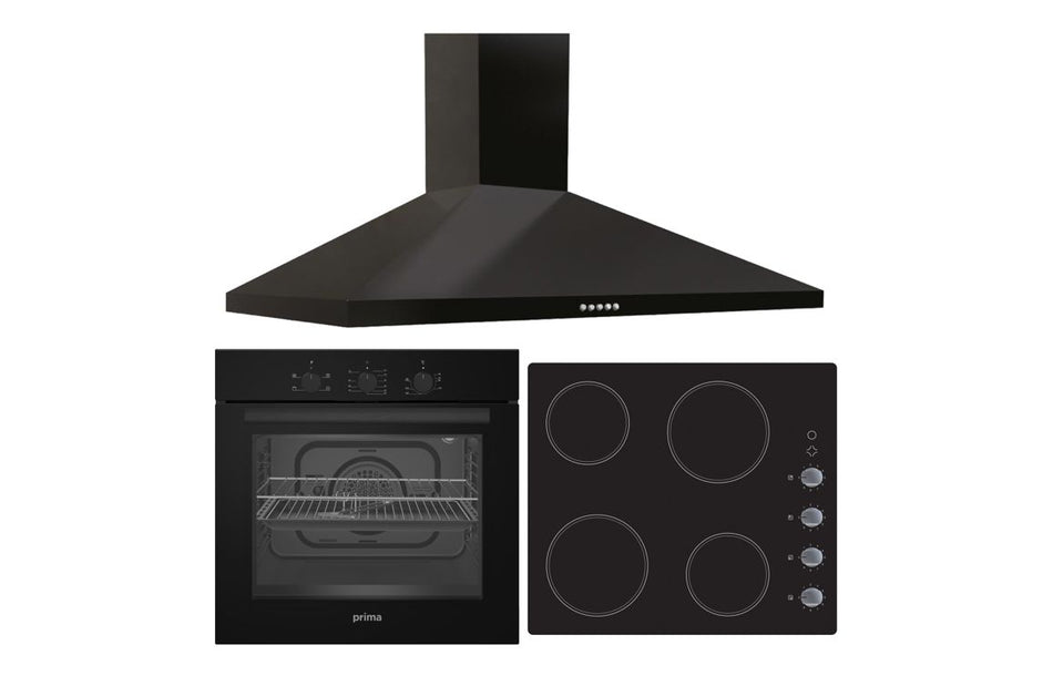 Black chimney hood, built-in oven and ceramic hob set with control knobs