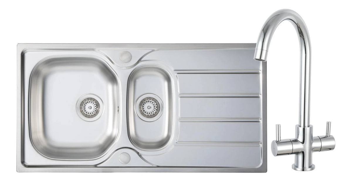 Stainless steel inset double sink with chrome tap and two deck-mounted faucets