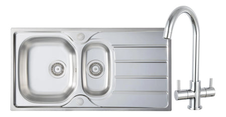 Stainless steel inset double sink with chrome tap and two deck-mounted faucets