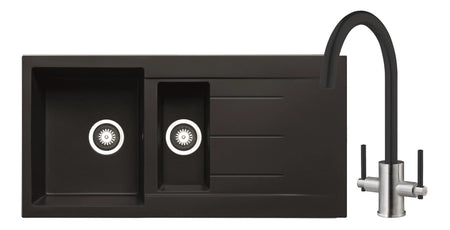 Black granite inset sink with twin faucet holes and swan-neck mixer tap