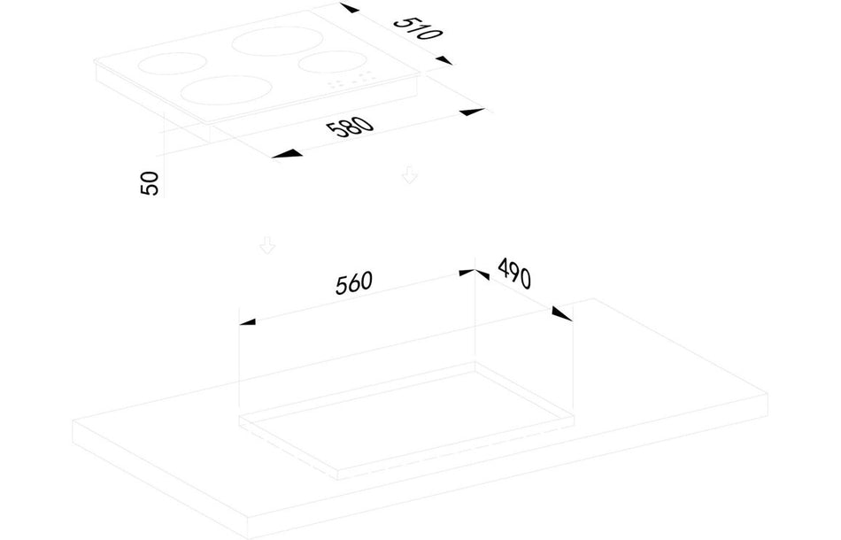 60 cm ceramic hob dimensions diagram with cutout and overall measurements