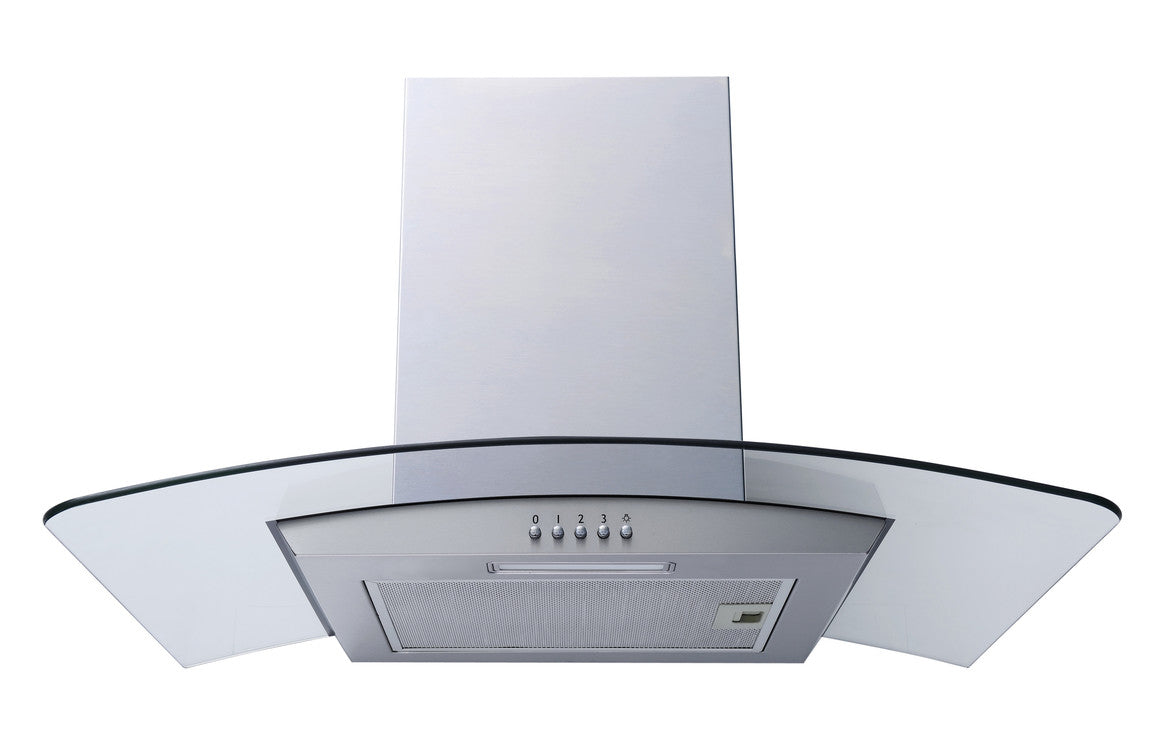 Stainless steel curved glass chimney hood with front control panel and filters