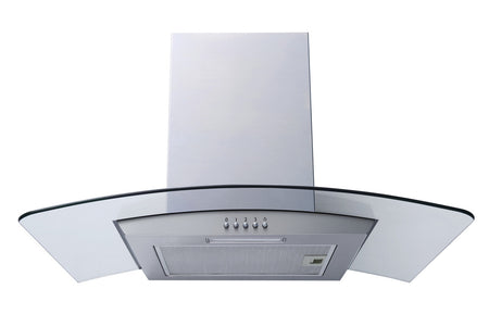 Stainless steel curved glass chimney hood with front control panel and filters