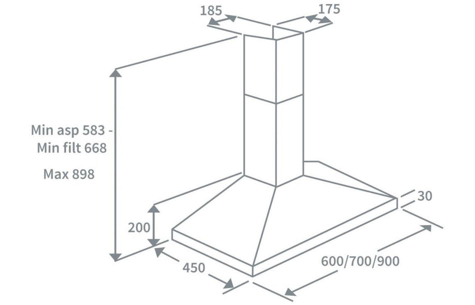 Chimney hood dimensions diagram with min and max height and depth measurements
