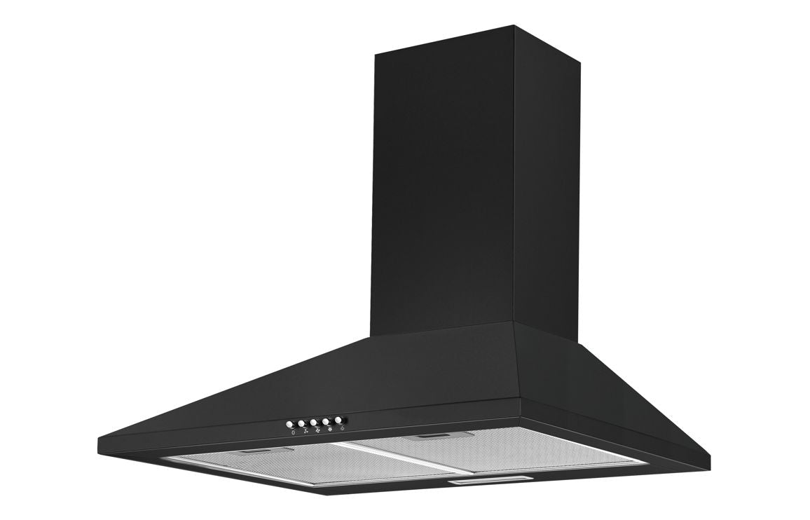 Black 60cm chimney cooker hood with mesh filter and control buttons