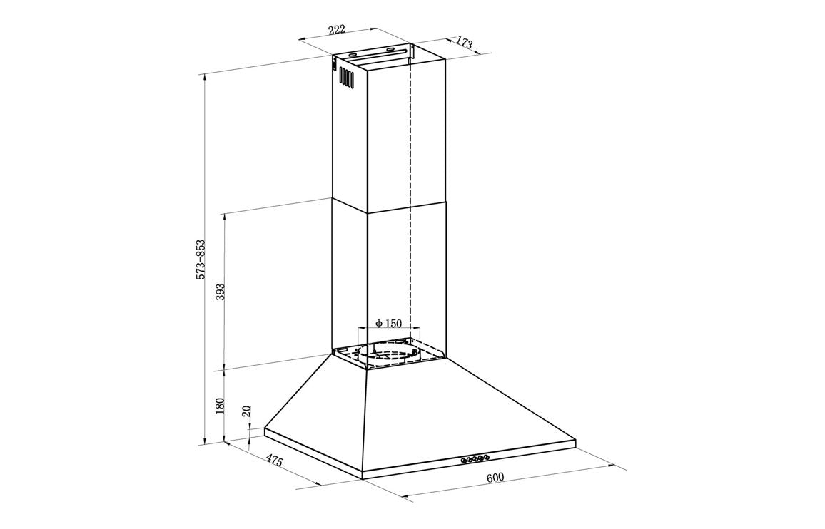 Chimney cooker hood diagram with chimney and flue, shown with measurements