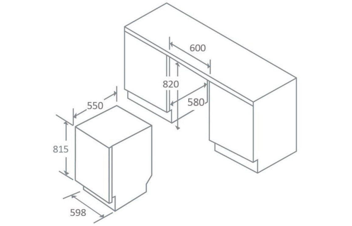 12-place dishwasher dimensions diagram, front and side measurements shown