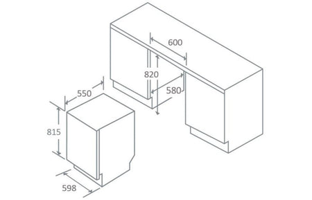 12-place dishwasher dimensions diagram, front and side measurements shown