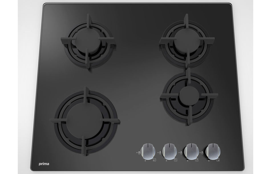 Prima black glass gas hob with four burners and four control knobs