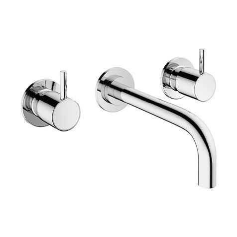 Chrome wall-mounted basin mixer with twin lever handles and curved outlet spout