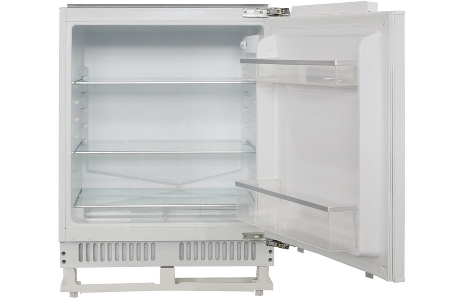 Under-counter larder fridge with open door, clear shelves and drawer bins