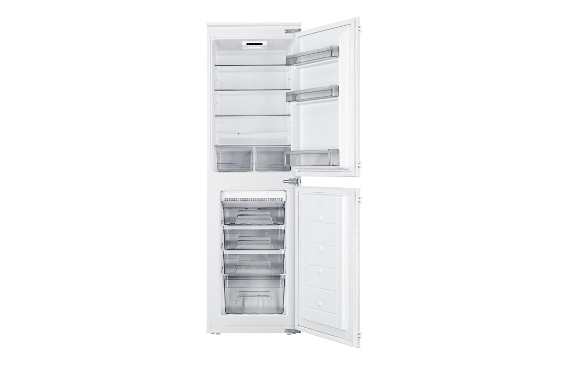 Integrated frost-free fridge freezer with door open, showing refrigerator shelves and freezer drawers