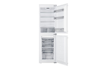 Integrated frost-free fridge freezer with door open, showing refrigerator shelves and freezer drawers