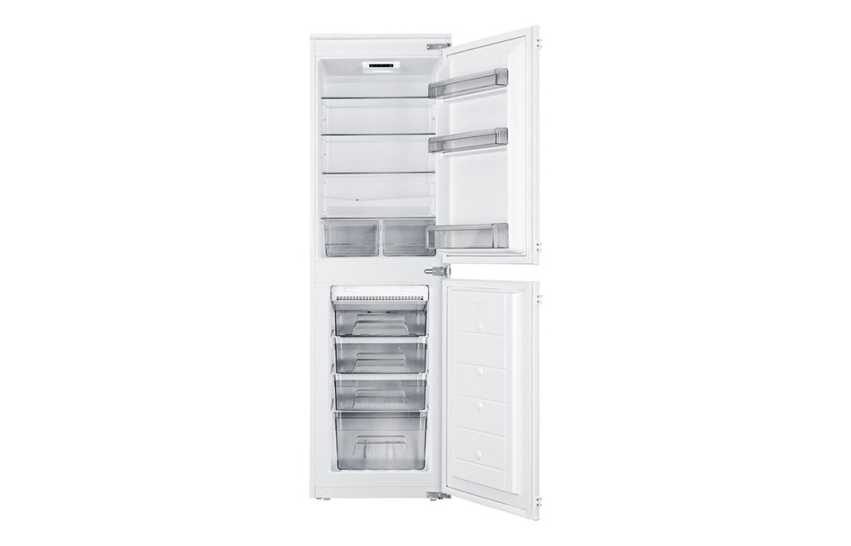 Integrated frost-free fridge freezer with door open, showing refrigerator shelves and freezer drawers