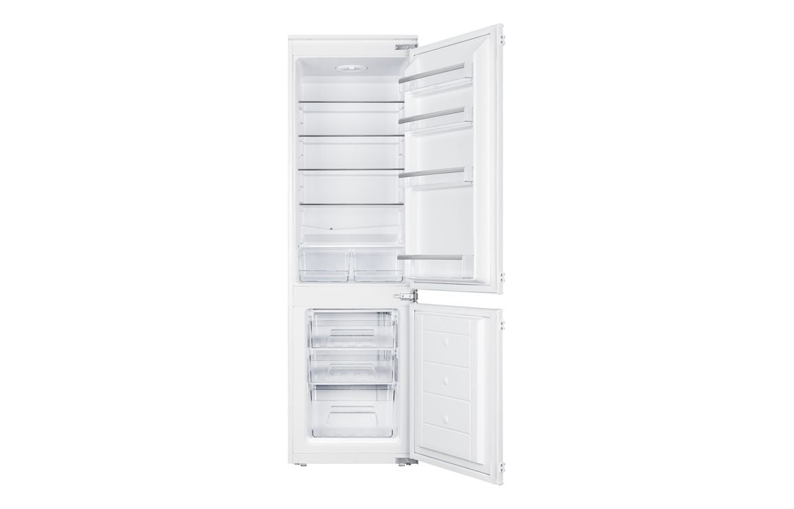 Integrated fridge freezer with both doors open, showing fridge and freezer compartments