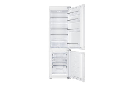 Integrated fridge freezer with both doors open, showing fridge and freezer compartments