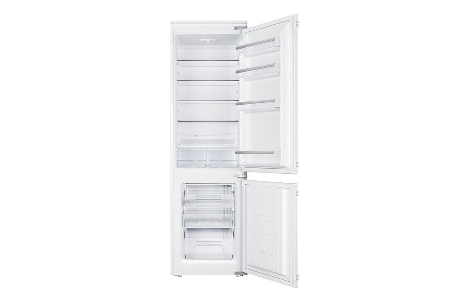 Integrated fridge freezer with both doors open, showing fridge and freezer compartments