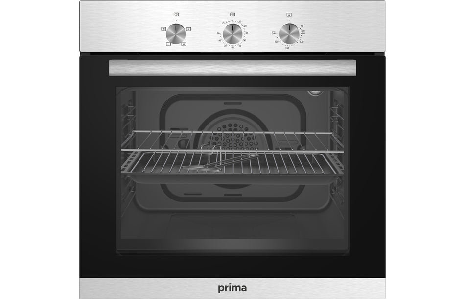 Built-in stainless oven with glass door, control panel, and open oven rack