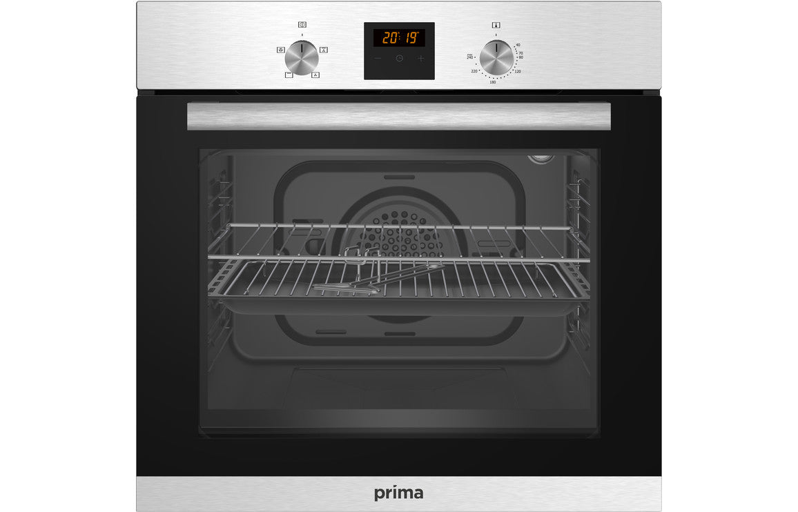 Single electric fan oven with stainless steel finish, glass door, and digital display