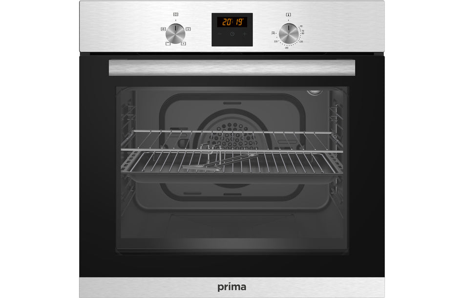 Black built-in oven with glass door, control panel, and wire oven rack
