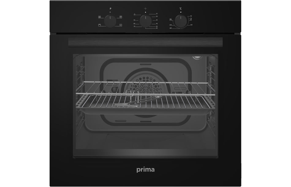 Black built-in oven with glass door open, showing interior racks and controls