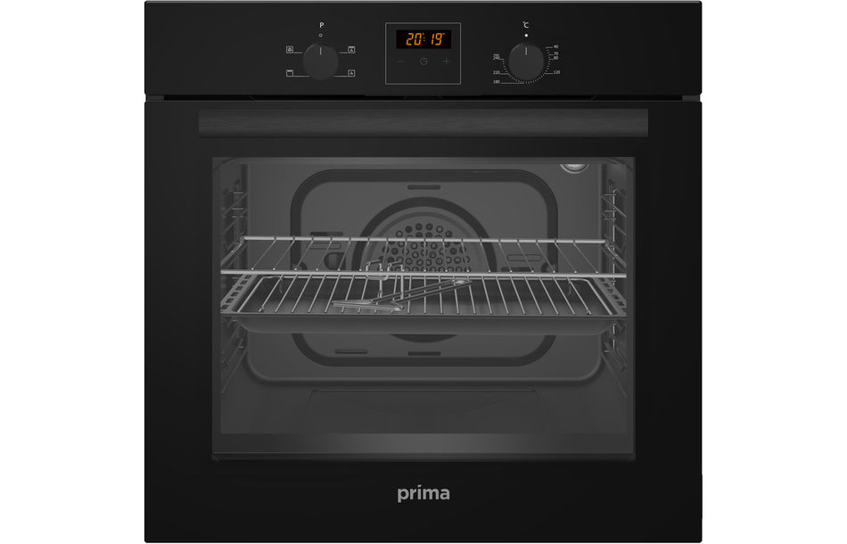 Black built-in oven with open door and oven racks
