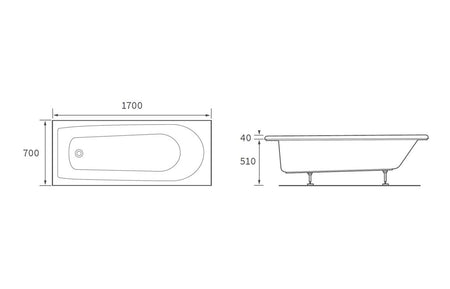 D-shaped single-ended bath dimensions view, front and side