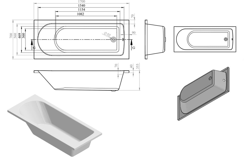 White D-shape single-ended bath parts diagram with wall panel and legs