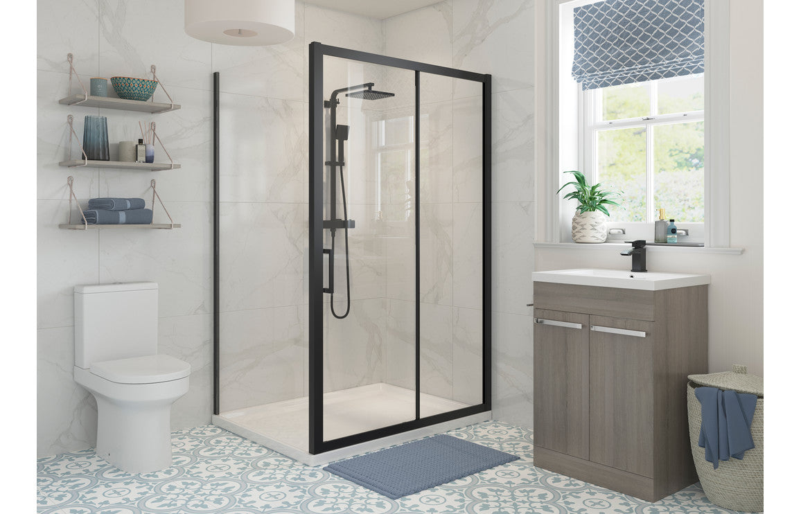Black framed glass shower side panel with metal handle