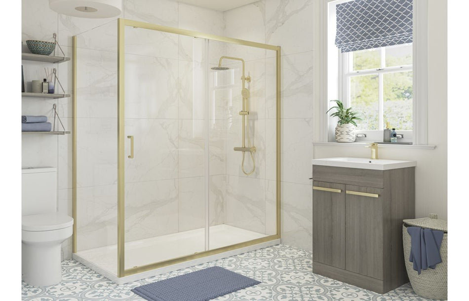 Brushed brass framed glass shower side panel, rectangular clear panel and handles