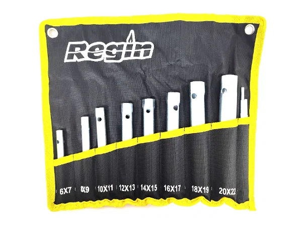 Regin monobloc spanner set in black and yellow storage pouch with size labels