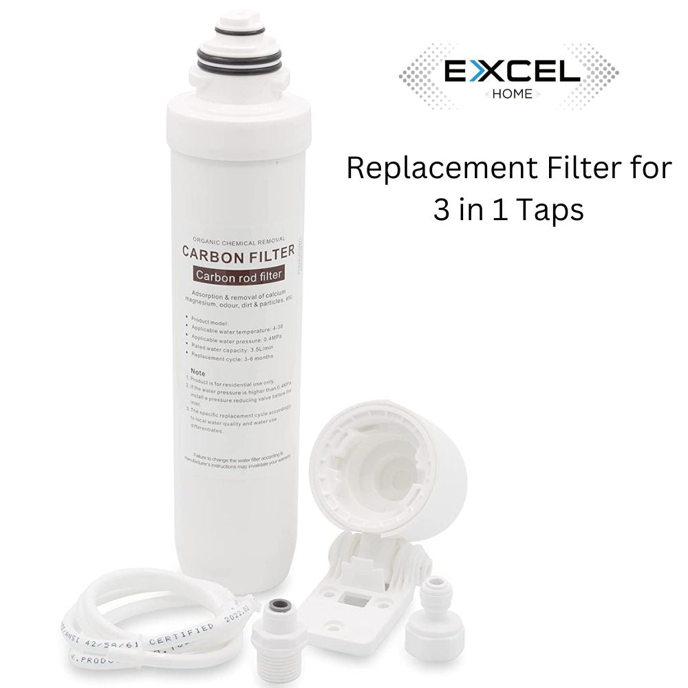Carbon replacement water filter cartridge with cap and small white housing parts