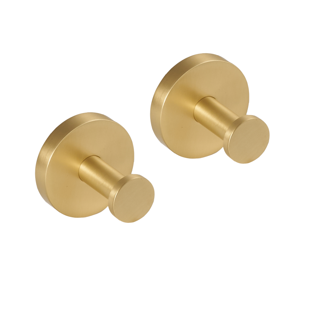 Brushed brass towel hooks with round bases and short cylindrical holders