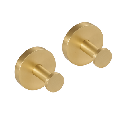 Brushed brass towel hooks with round bases and short cylindrical holders