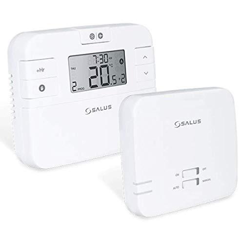 White Salus wireless programmable thermostat with LCD display and control buttons, remote unit
