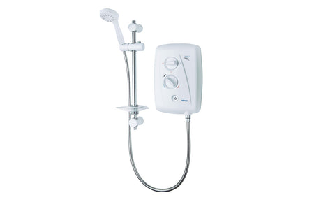 Electric shower unit with white control box, chrome rail, hose and handset