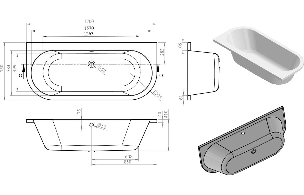 White back-to-wall bathtub technical diagram with legs, oval interior and measurements