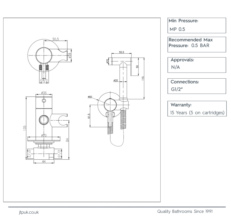 Bidet spray and hose kit technical line diagram with dimensions and pressure notes