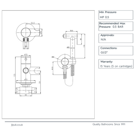 Bidet spray and hose kit technical line diagram with dimensions and pressure notes