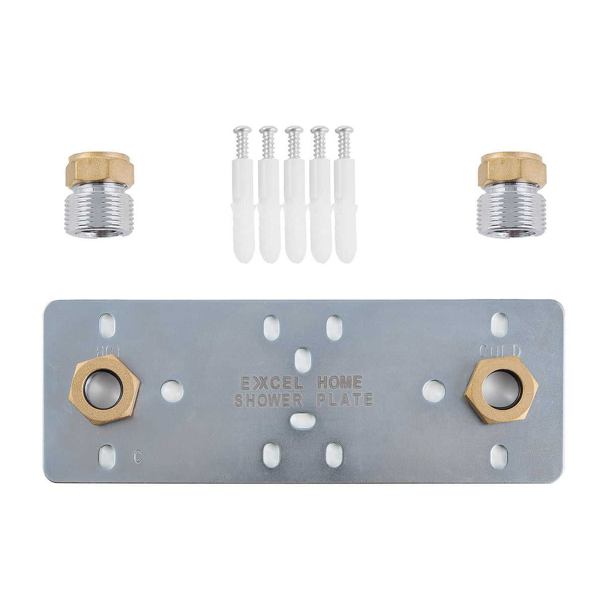 Shower valve fixing plate system with metal mounting plate, brass adapters, screws and anchors