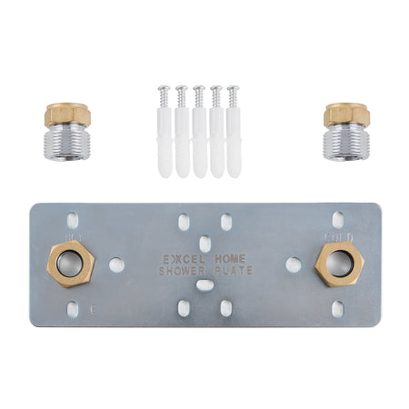 Shower valve fixing plate system with metal mounting plate, brass adapters, screws and anchors