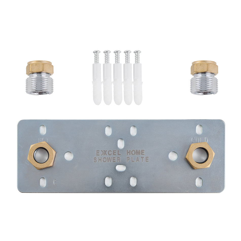 Shower valve fixing plate system with metal mounting plate, brass adapters, screws and anchors