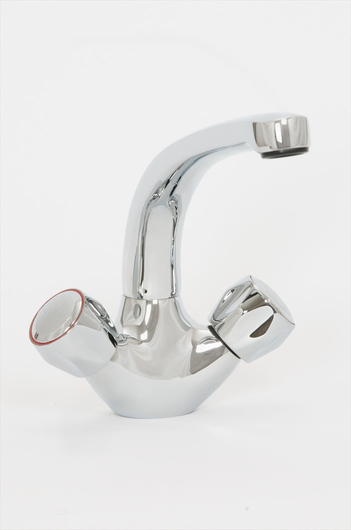 Chrome mono basin mixer tap with curved spout and two control knobs