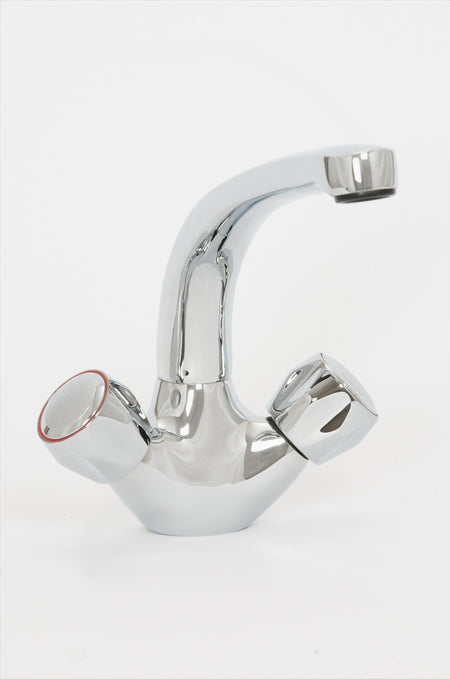Chrome mono basin mixer tap with curved spout and two control knobs