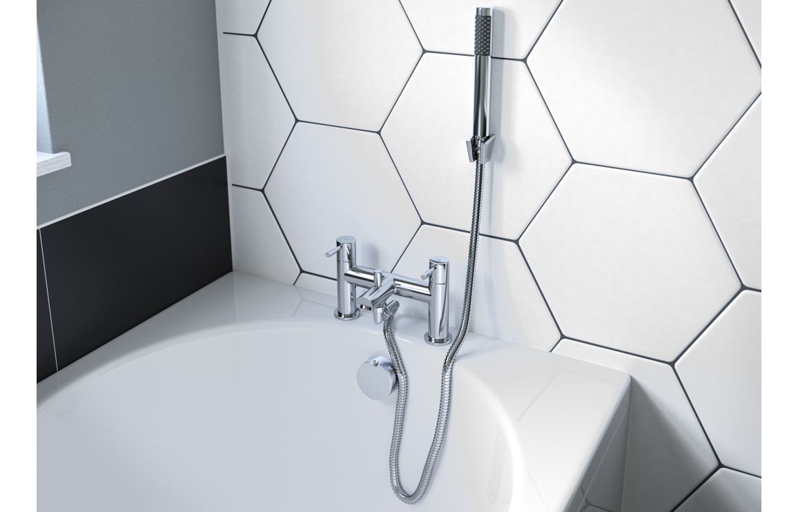 Chrome tall basin mixer tap with dual controls, curved spout, and flexible hose