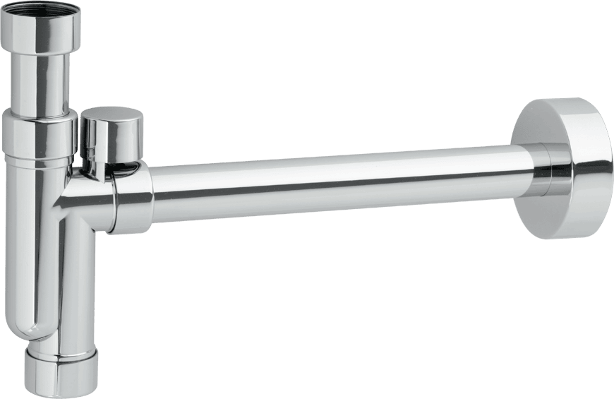 McAlpine brass basin trap with pipe and flange, chrome-finish metal drain assembly